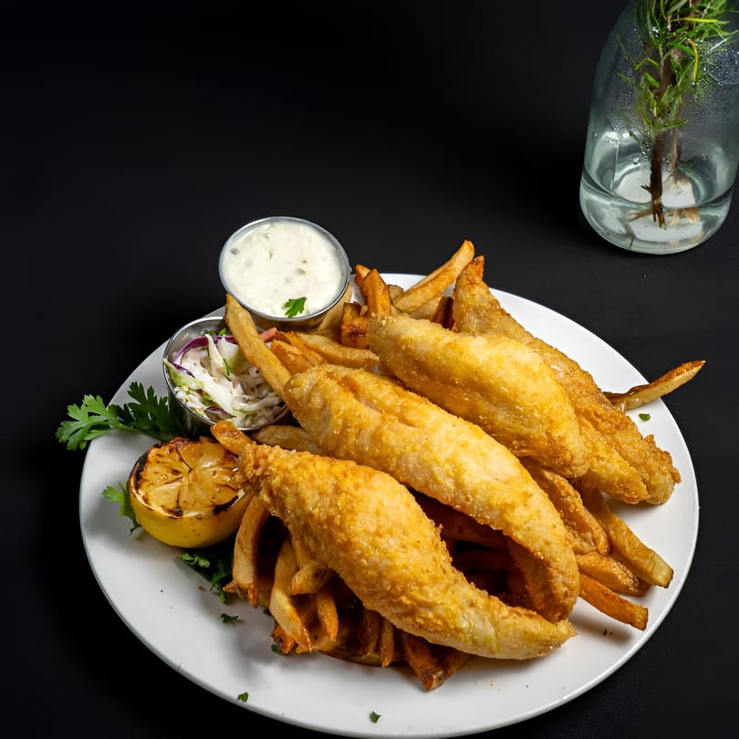 McClellan’s Fish and Chicken's fried fish and fries with coleslaw, tartar sauce, and grilled lemon.