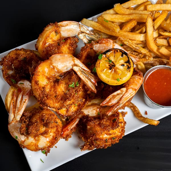 Crispy fried shrimp with french fries, a grilled lemon, and red dipping sauce on a white plate.