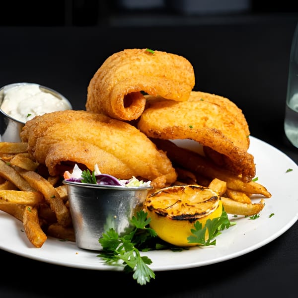 McClellan’s Fish and Chicken's fried fish and fries with coleslaw, tartar sauce, and grilled lemon.